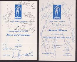Football autographs, Football Writers Association, Footballer of the Year Annual Dinner Menus