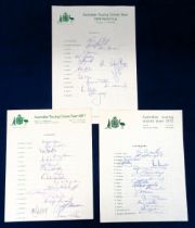 Cricket autographs, Australia, three official autograph sheets for the Australian Touring side