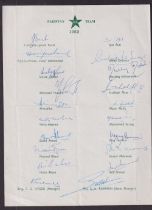 Cricket autographs, Pakistan, Official Tour Sheet Pakistan Team 1962 complete with all original