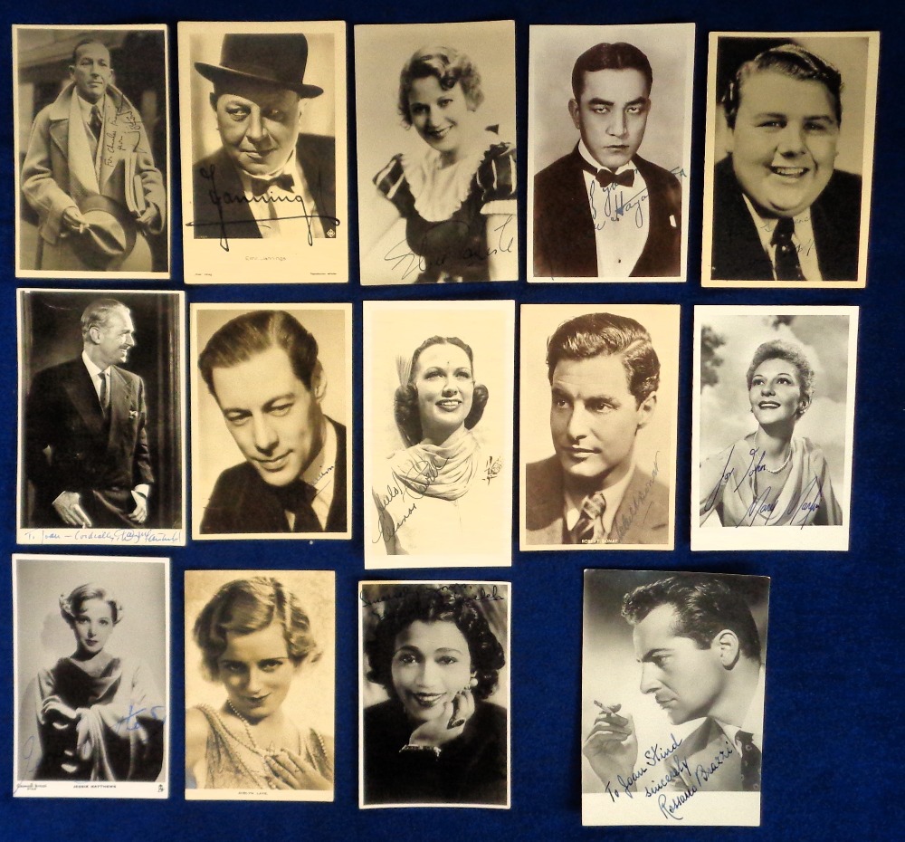 Autographs, a selection of 14 postcards and postcard signed photographs by cinema stars and stars of