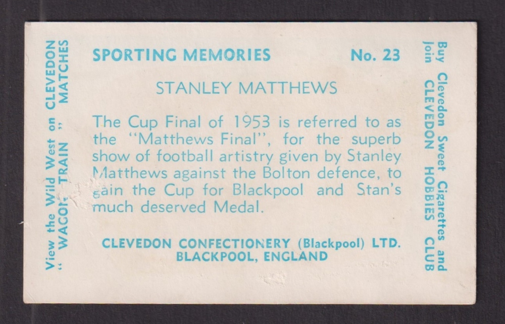 Trade card, Clevedon, Sporting Memories, 'X' size, type card, Football, no 23 Stanley Matthews (some - Image 2 of 2