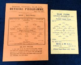 Football programmes, two single sheet programmes, Reading v Arsenal 4 Nov 1944 & Arsenal v Reading