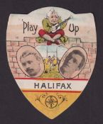 Trade card, Sharpe's 'Play Up Football card, Rugby, 'Play Up Halifax' card, with two players