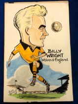 Original artwork, Billy Wright, Wolves & England by Mickey Durling, 1956. Durling was a caricature