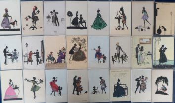 Postcards, Manni Grosze and Art Deco silhouette cards, a collection of 143 to include romance,