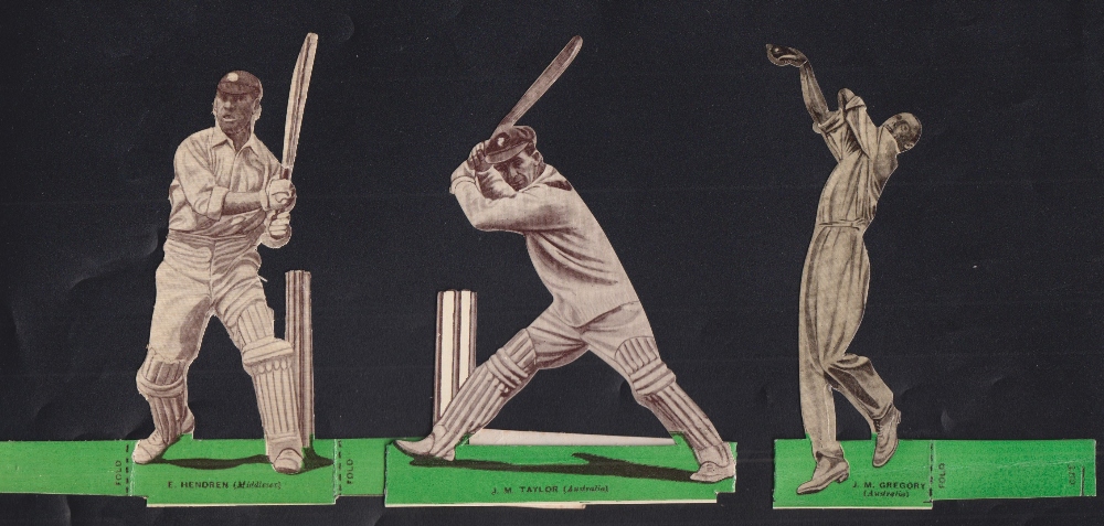 Trade cards, The Popular, Cricketers, shaped, sepia on green base (set, 8 cards) (gd/vg)