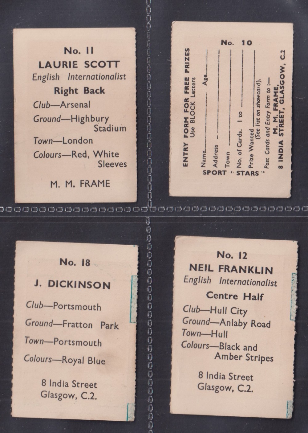 Trade cards, M M Frame, Sports Stars, Footballers, four cards, 'M' size, no 10 Ditchburn - Bild 2 aus 2