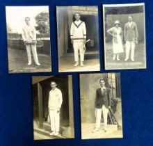Tennis postcards, 5 b/w photographic cards, three by Chaplin Jones R. Lacoste, P.D.B. Spence & J.