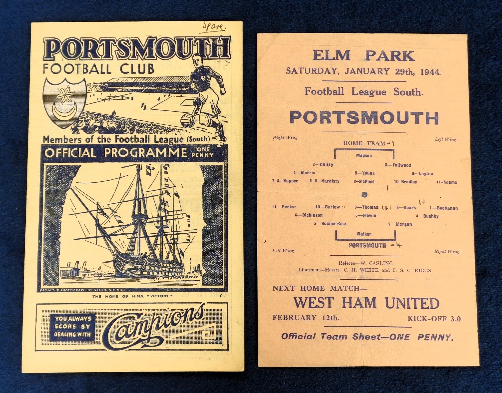 Football programmes, two programmes Reading v Portsmouth 29 Jan 1944 (single sheet, score noted) &