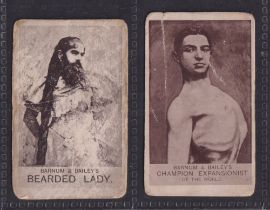 Cigarette cards, Q.V. Cigars, Barnum & Bailey's Circus Performers, two cards, Bearded Lady &