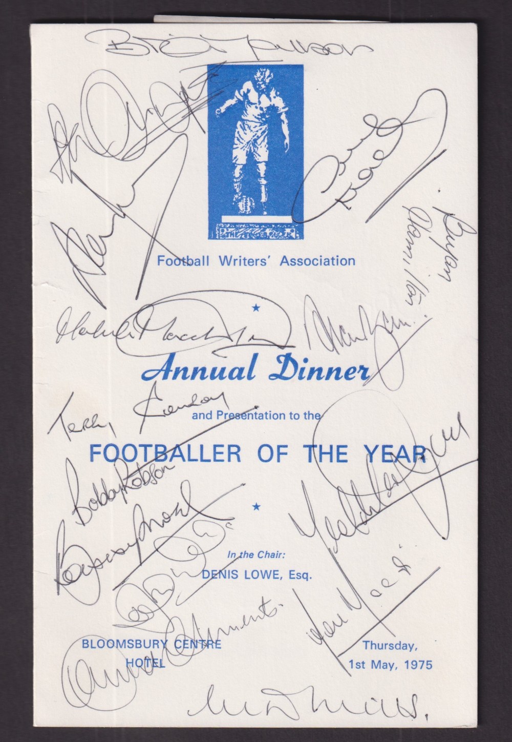 Football autographs, Football Writers Association, Footballer of the Year Annual Dinner Menu dated 1