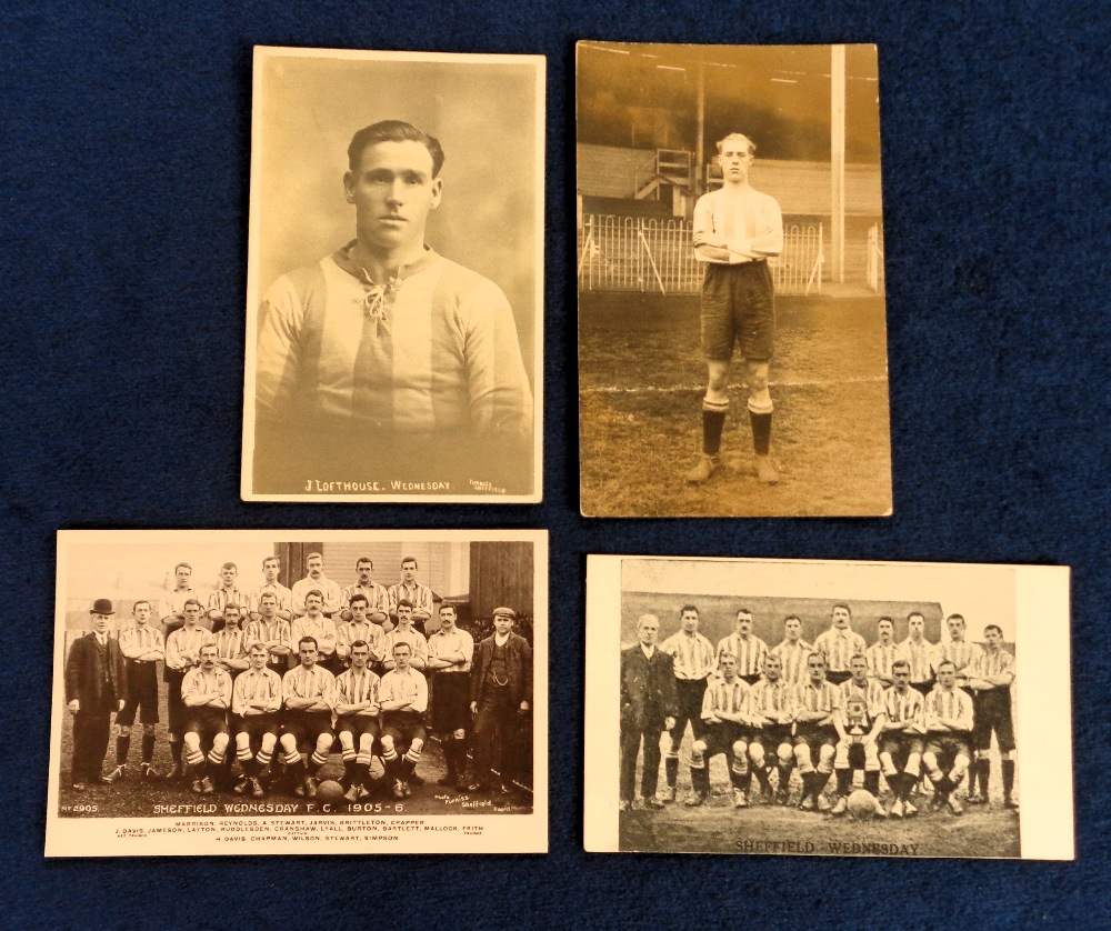 Football postcards, Sheffield Weds, four cards, two Team Group cards, 1905/06 (RP) and Cup Team 1907
