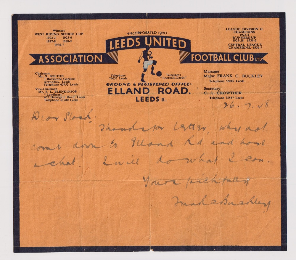 Football autograph, Major Frank C. Buckley, Leeds United Manager 1948-1953, hand-written latter on