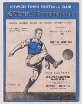 Football programme, Ipswich Town v Heart of Midlothian, Friendly 5 Mar 1938, (some sl foxing, gen