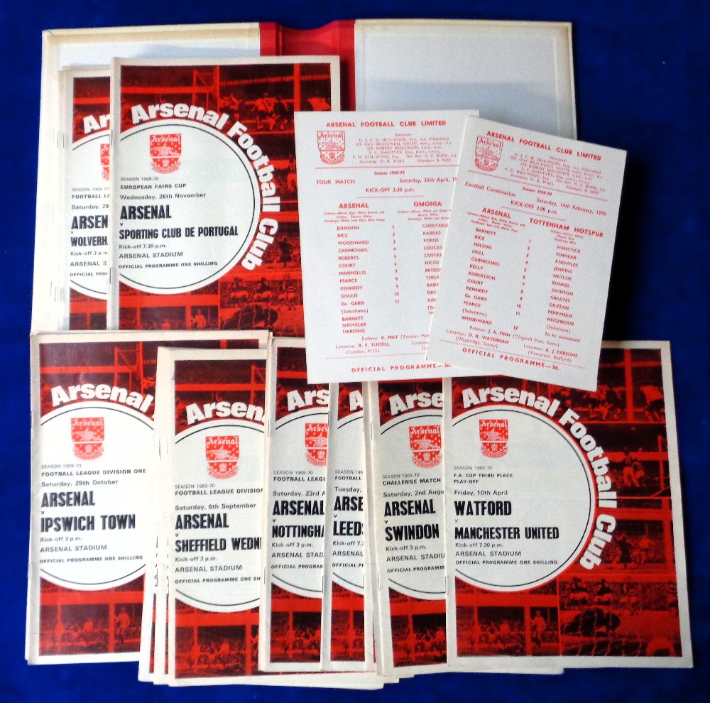 Football programmes, Arsenal FC, 1969/70, First team, reserves etc, 30 different home league, FA