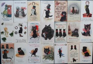 Postcards, Cats, a black cat comic selection of 40 cards, themes include post-box, luck, romance,