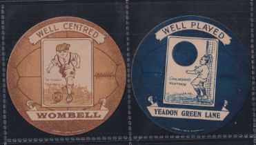Trade cards, Baines, Football two ball shaped shields, 'Well Centred Wombell' Brown Background & '