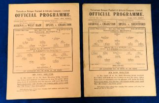 Football programmes, Tottenham Hotspur v Reading, two single sheet programmes, 10 Jan 1942 London