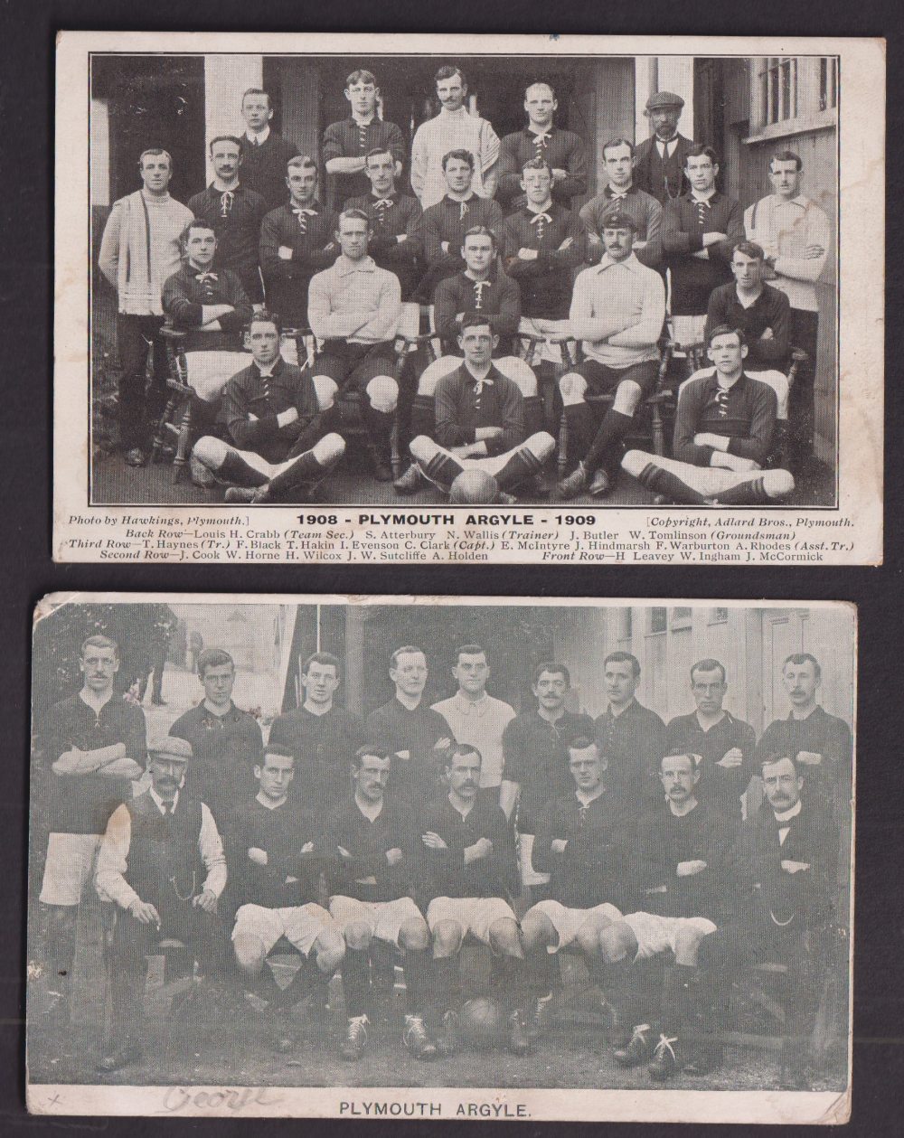 Football postcards, Plymouth Argyle, 2 printed Team Group cards, one undated (p.u. 1904), the