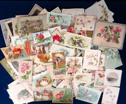 Ephemera, a selection of 100s Victorian greetings cards to include rabbits, birds, flowers, glitter,