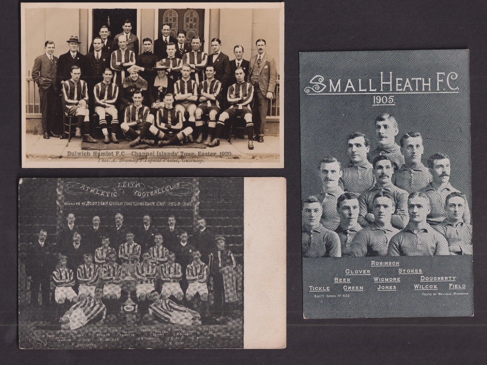 Football postcards, 3 cards, Leith Athletic 1905/06 (printed), Small Heath FC 1905 (printed) &