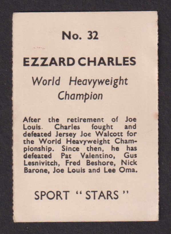 Trade cards, M M Frame, Sports Stars, Boxing, 'M' size, type card, no 32 Ezzard Charles, World - Image 2 of 2