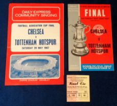Football, FAC Final 1967, Tottenham v Chelsea, programme, match ticket and songsheet (gd)