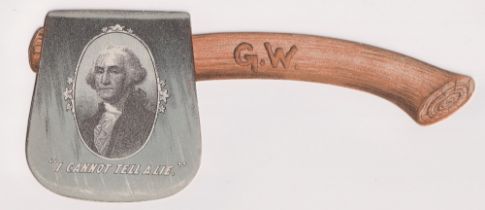 Cigarette card, USA, Kinney Bros, non-insert die-cut card in the shape of an axe with 'G.W.' &