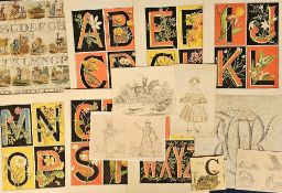 Ephemera, decorative alphabets and hand drawn illustrations to include Regency hand coloured printed