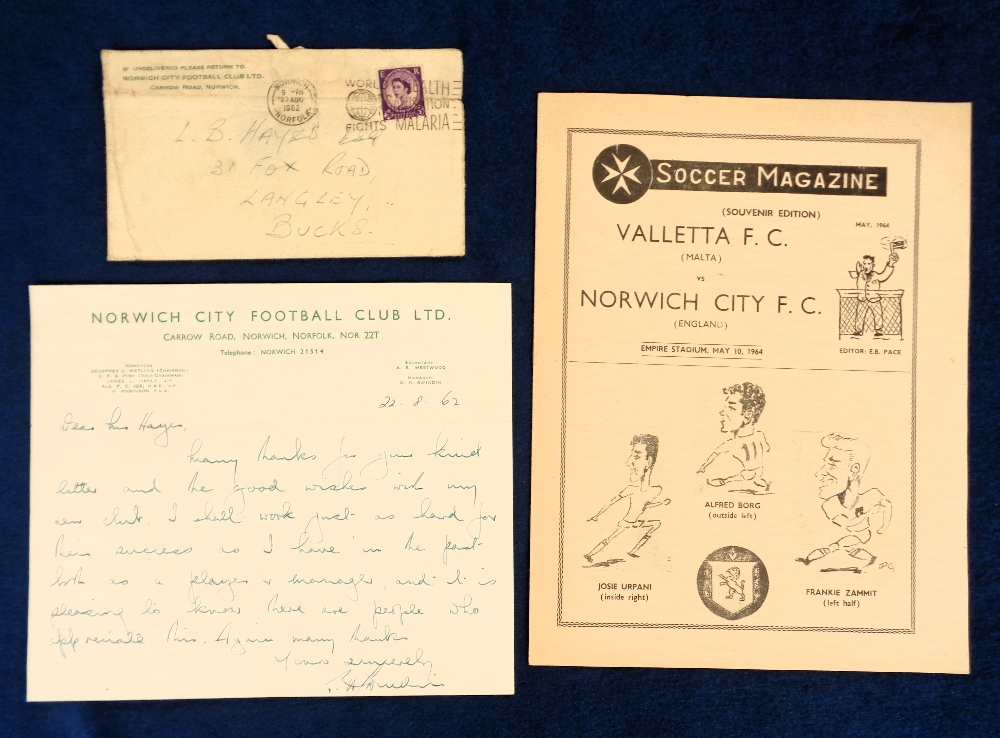 Football autograph etc, Norwich City, George Swindin, Norwich City Manager, 1962, hand-written