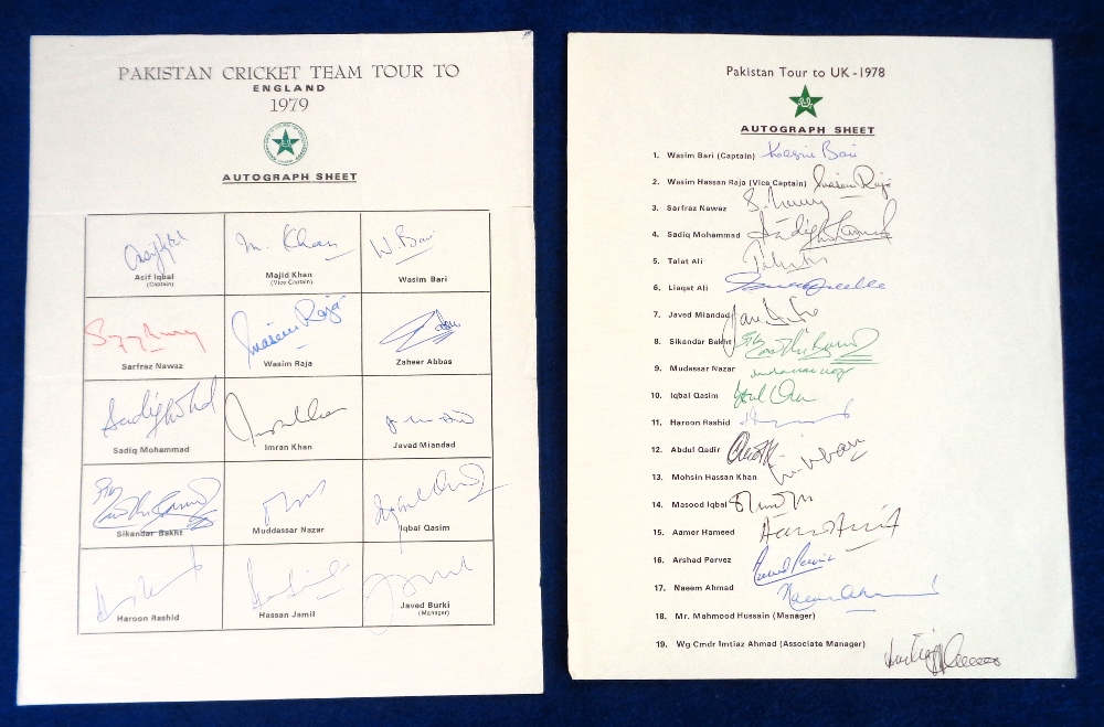 Cricket autographs, Pakistan, two Official Tour Sheets both with original autographs, UK Tour 1978