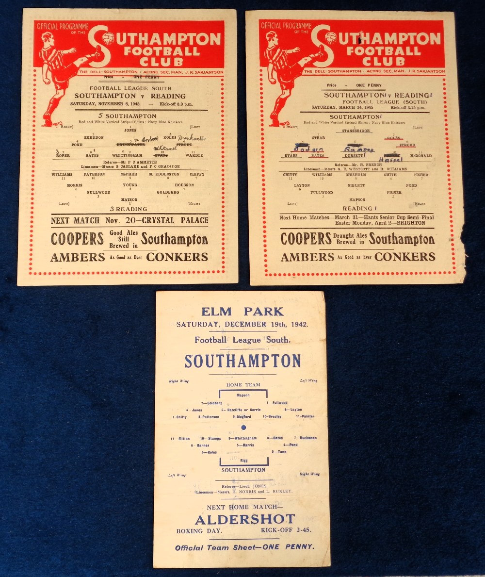 Football programmes, three single sheet programmes, Reading v Southampton 19 Dec 1942 (sl crease),