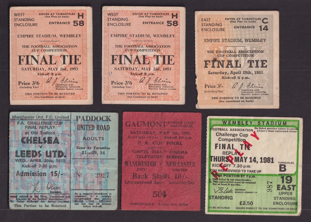 Football tickets, six tickets for FAC Finals 1951 (sl wear and small paper loss), 1953 (x 2),