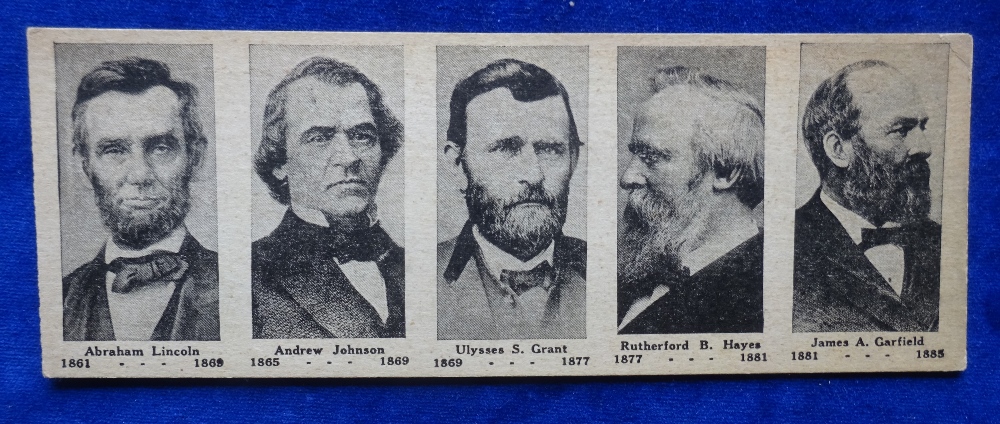 Trade card, anonymous unknown issuer, uncut strip of 5 cards, depicting 5 USA Presidents from 1861