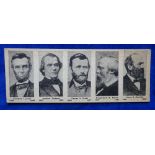 Trade card, anonymous unknown issuer, uncut strip of 5 cards, depicting 5 USA Presidents from 1861