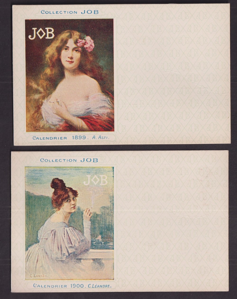 Tobacco advertising, Job, two postcards, Calendrier 1899 illustration by Asti & Calendrier 1900