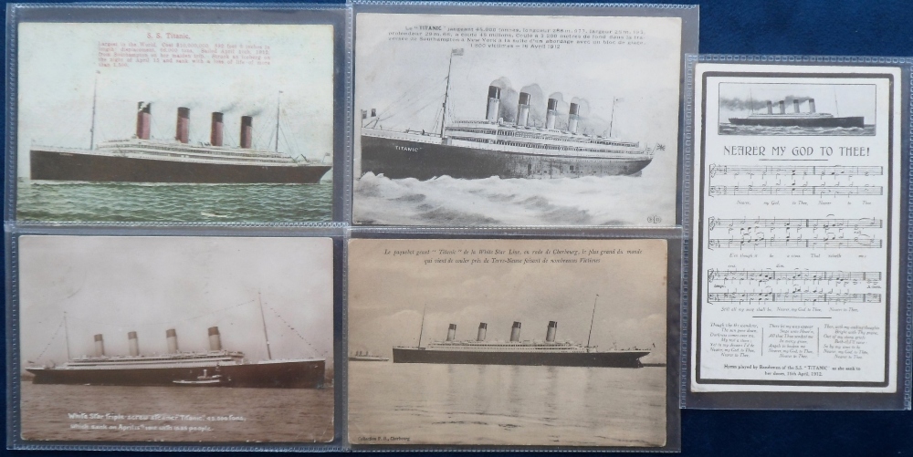 Postcards, Titanic, a selection of 5 cards (4 printed, 1 RP), inc. 'Nearer My God to Thee' In
