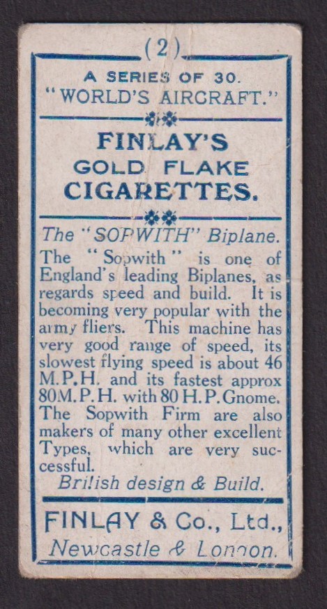 Cigarette card, Finlay & Co, World's Aircraft, type card, no 2 (cr, fair) (1) - Image 2 of 2