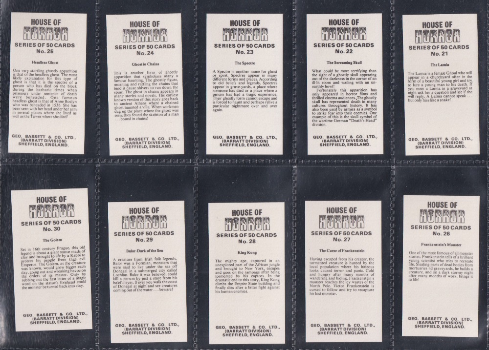 Trade cards, Bassett, House of Horror, (set, 50 cards) (vg/ex) - Image 2 of 2