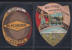Trade cards, W.N. Sharpe, Play Up Football Cards, Blackburn Rovers, two cards, one oval shaped,