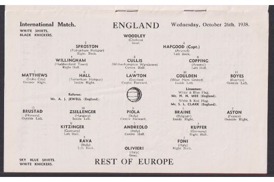 Football programme, England v The Rest Of Europe 26 Oct 1938 played at Highbury (vg) (1) - Image 2 of 2