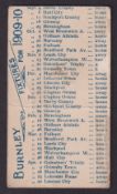 Cigarette card, The Casket Tobacco & Cigarette Co, Football Fixture Card, type card, Burnley, 1909-