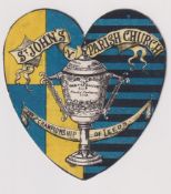 Trade card, J. Briggs, Shield shaped football card, 'St John's Parish Church, Championship of Leeds'