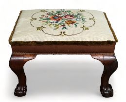 A George III style mahogany stool - with a rectangular upholstered tapestry seat above short