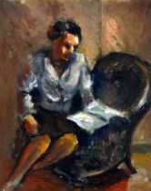 20th Century British School Woman Reading In A Low Seated Chair Oil on canvas Framed Picture size 18