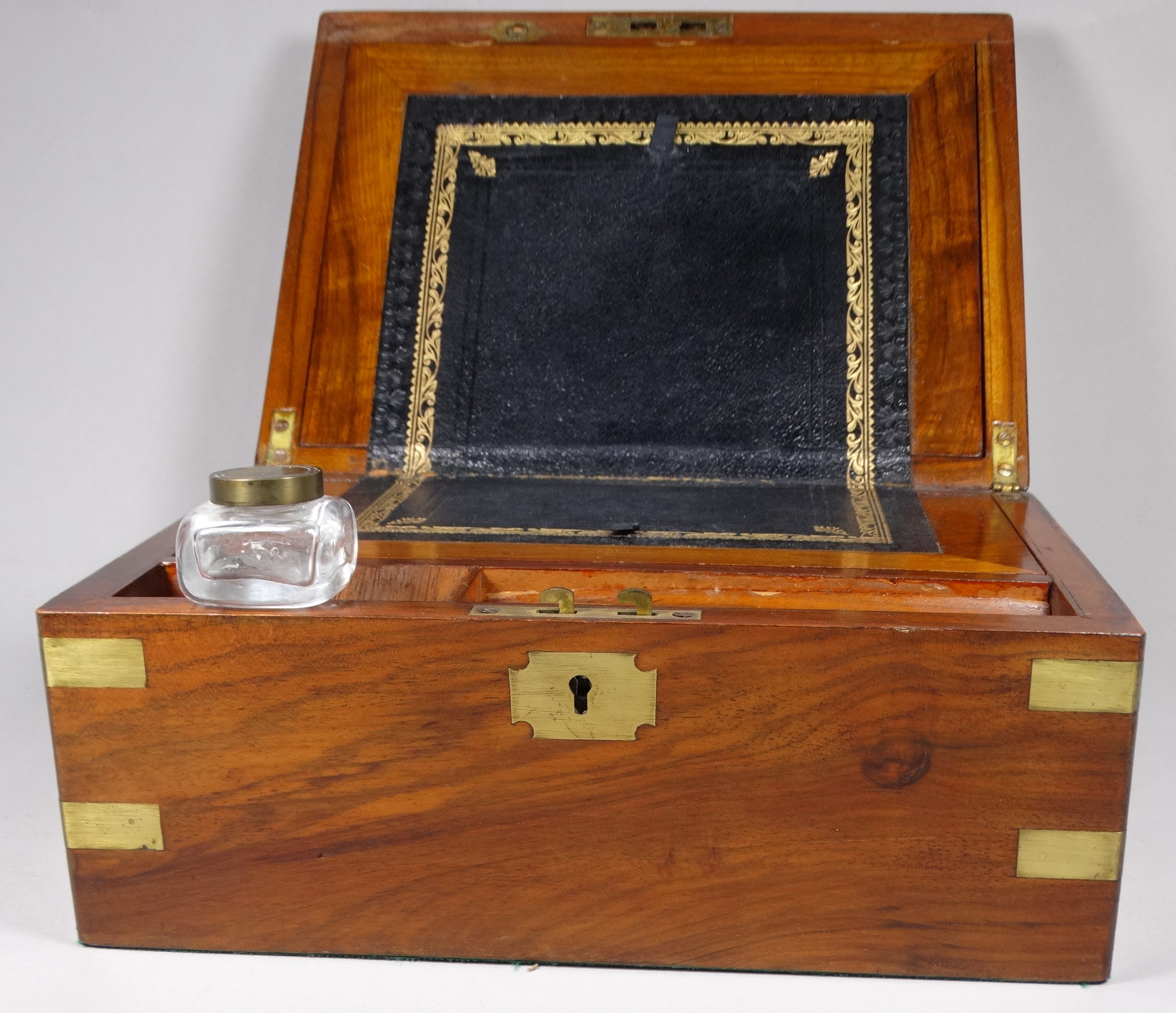 A Victorian walnut writing slope - with a vacant cartouche and brass binding, the interior with - Image 3 of 3