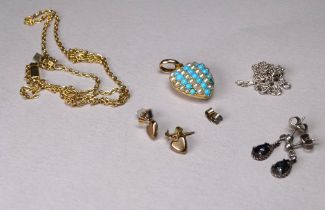 A gilt heart shaped pendant set with pearl and turquoise - together with a gilt chain, a pair of ear