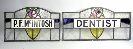 Two Arts & Crafts style stained glass name signs - combined to form the inscription 'P.F. McIntosh