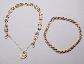 A 9ct gold rope twist anklet - together with a gatelink bracelet with heart shaped clasp, weight 4.
