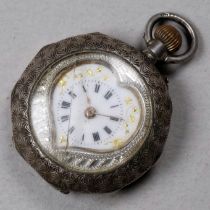An early 20th century ladies pocket watch - the engraved silver case with enamel embellishments